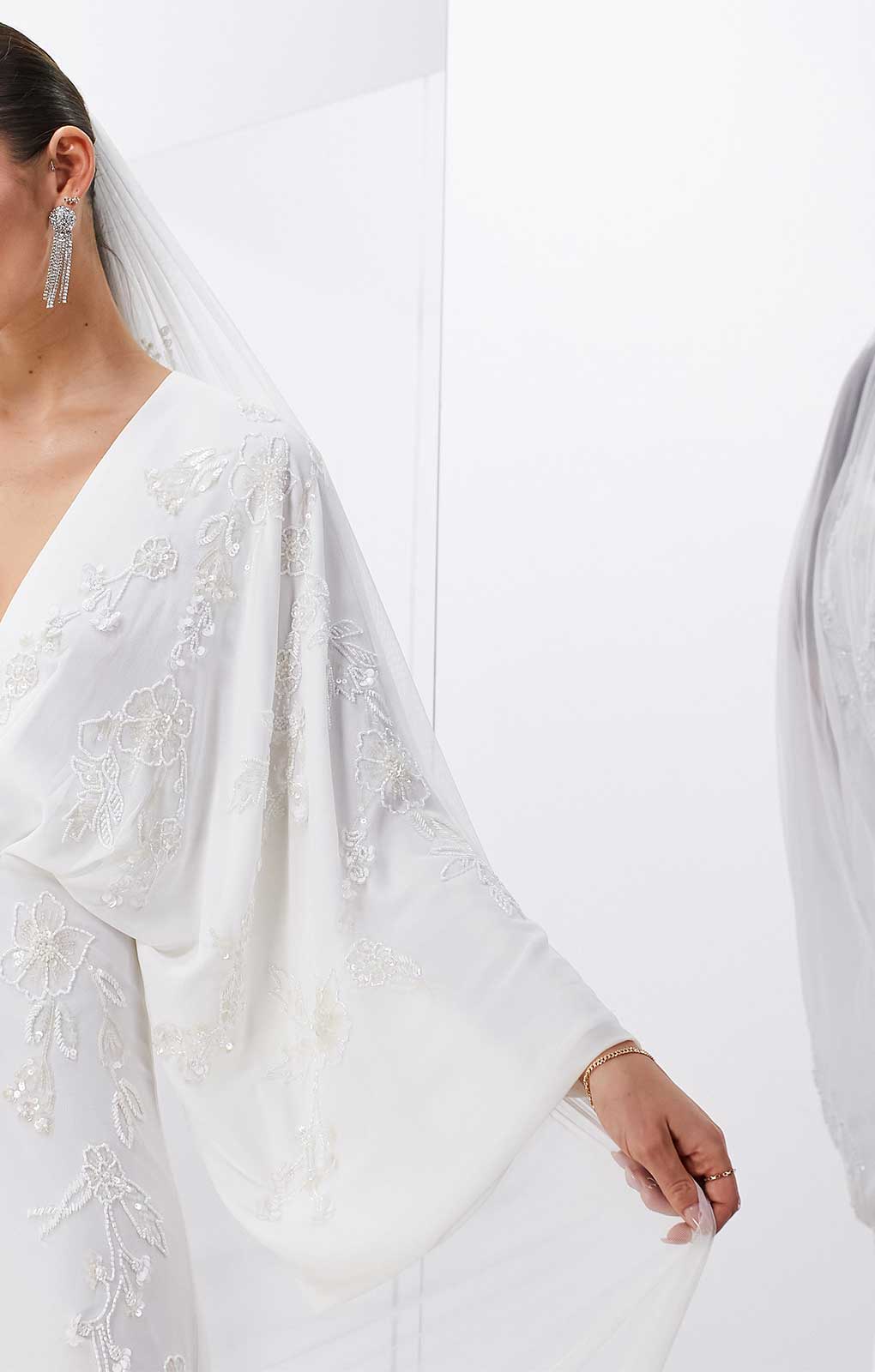 Asos Edition Lisa Drape Sleeve Plunge Dress With Floral Embellishment In Ivory