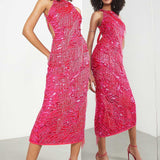 Asos Edition Pearl And Fringe Halter Midi Dress In Hot Pink