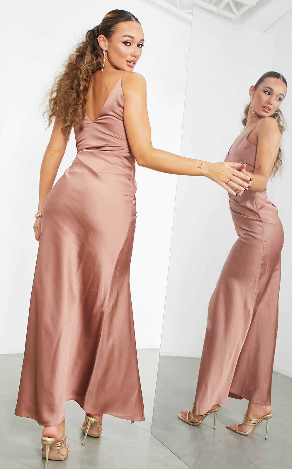 Asos Edition Satin Cami Maxi Dress With Drape Detail In Cinnamon Rose