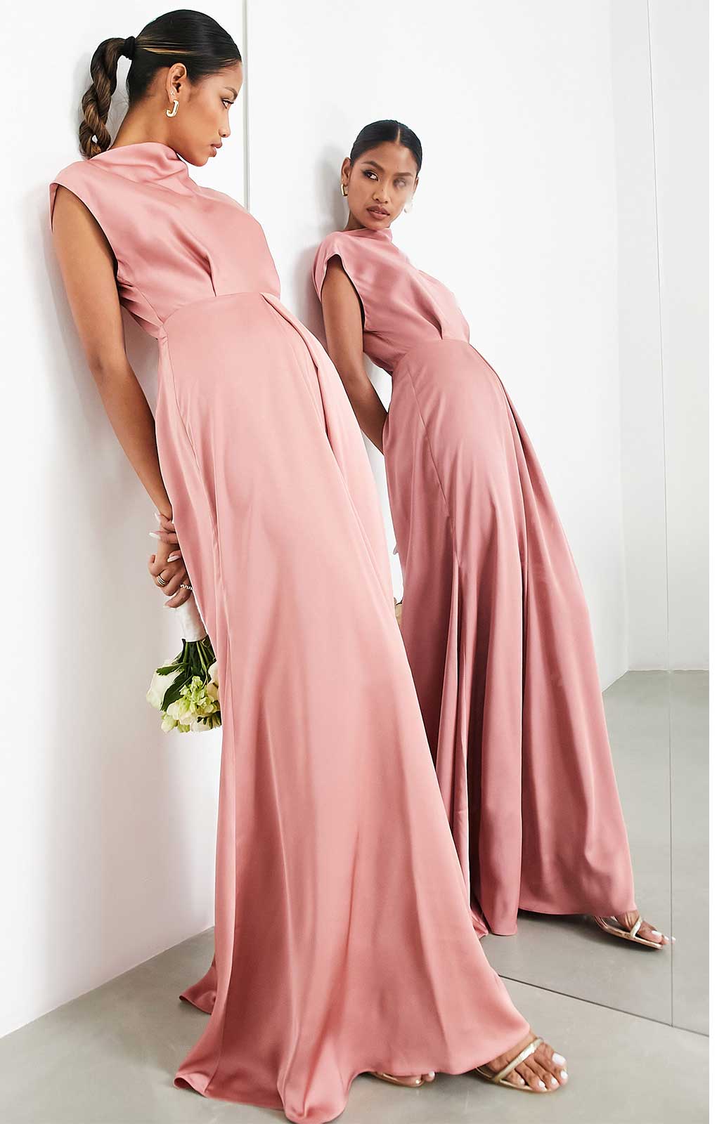 Asos Edition Satin Cowl Neck Maxi Dress With Cut Out Back In Dusky Rose