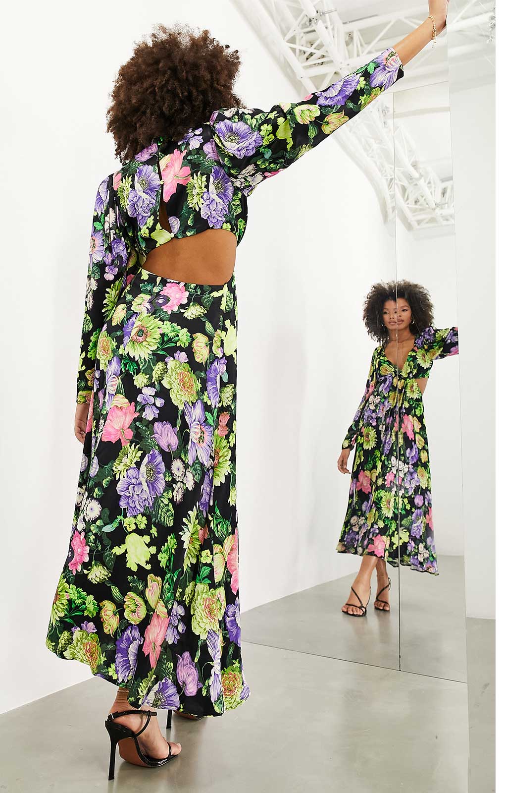 Asos Edition Satin Midi Dress With Cut Out Back In Bright Floral Print