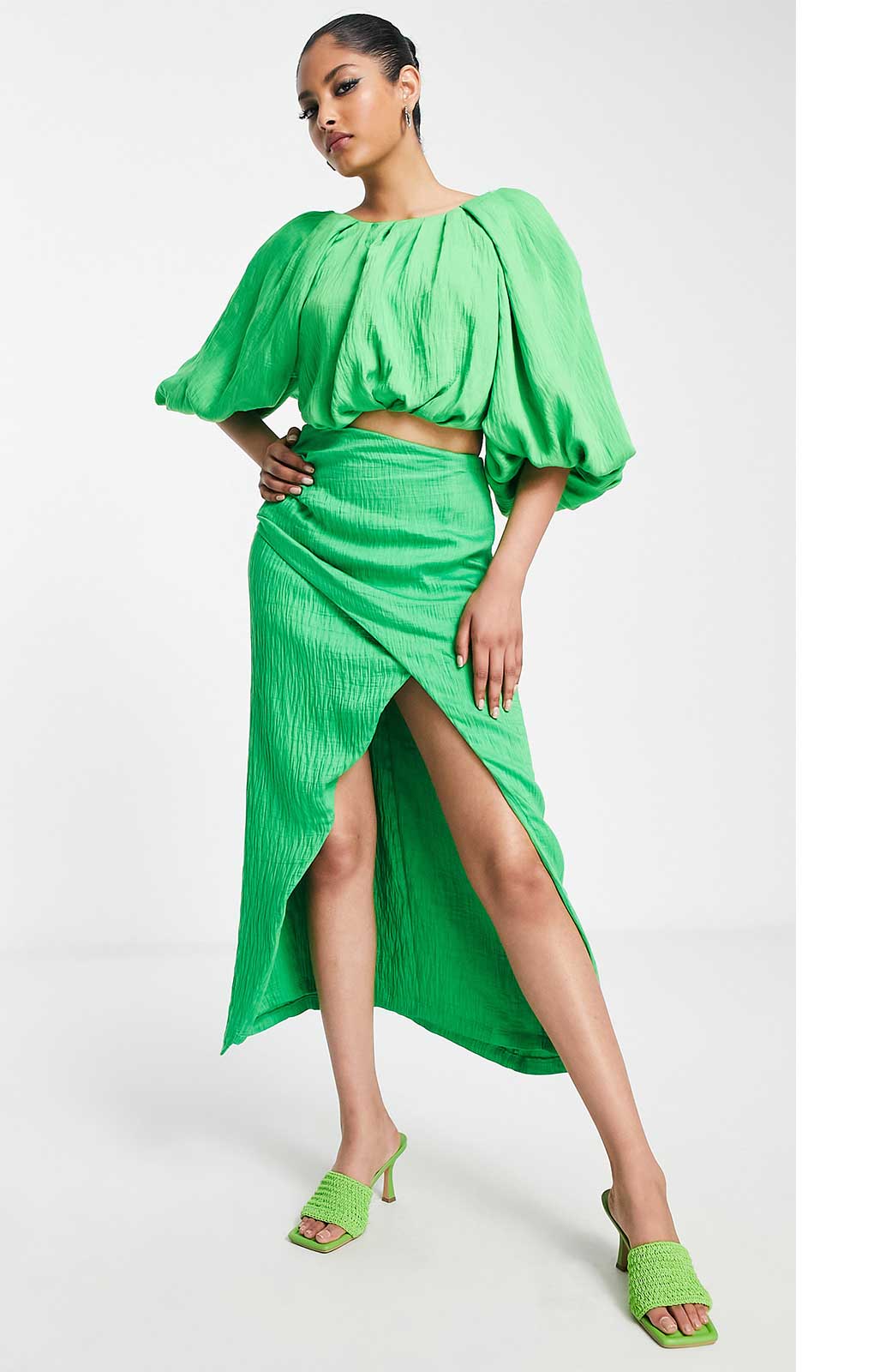Asos Edition Textured Blouson Crop Top And Drape Skirt Co-Ord