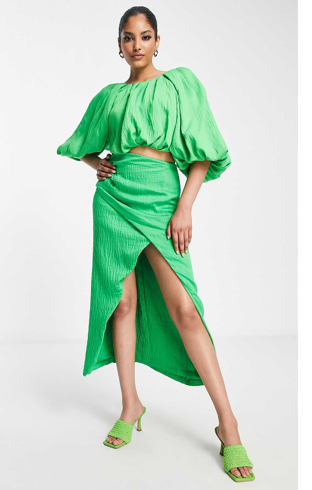 Asos Edition Textured Blouson Crop Top And Drape Skirt Co-Ord