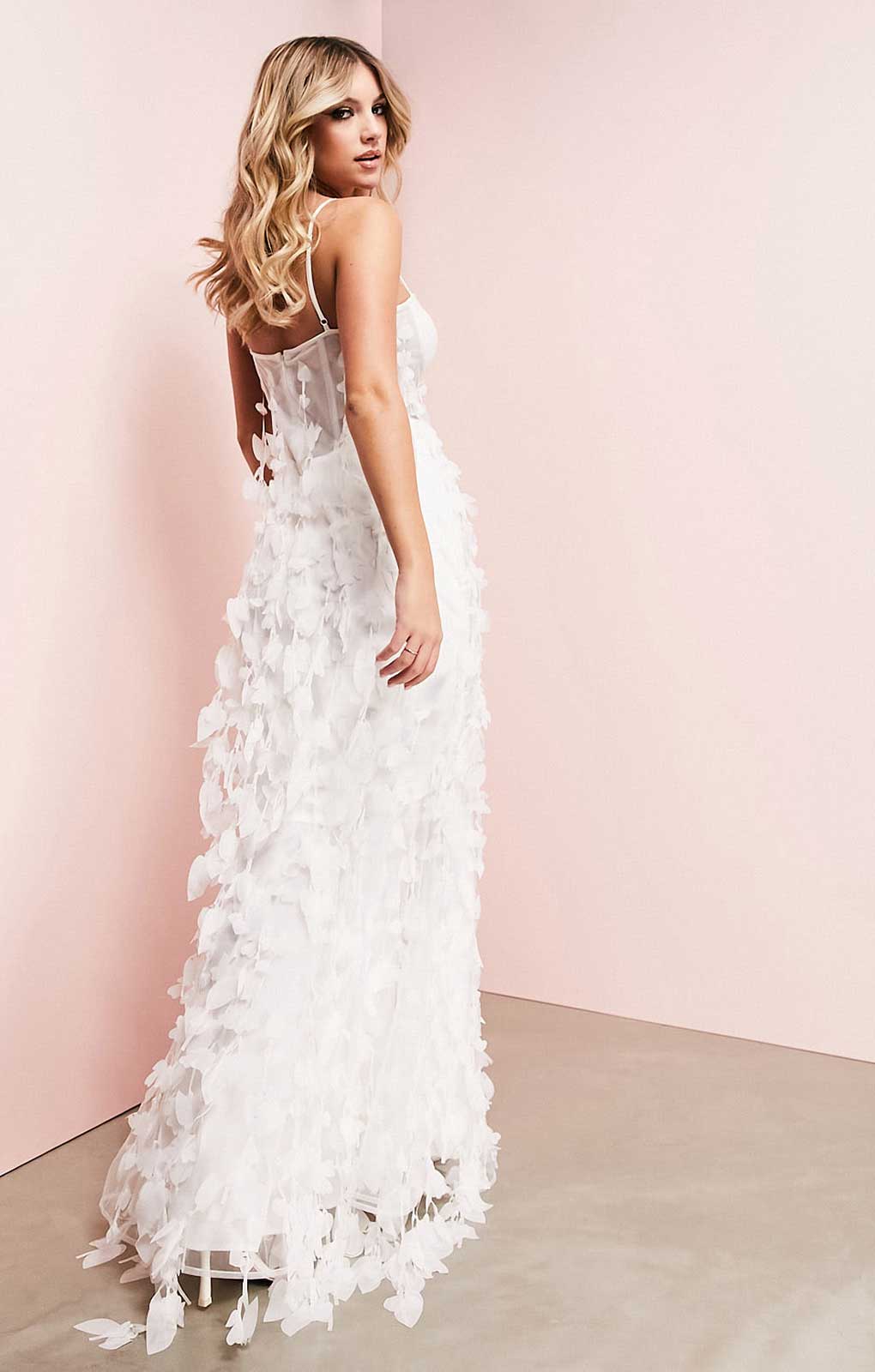 Asos Luxe 3D Fringe Cupped Fishtail Maxi Dress In White