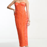 Asos Design Bandeau Mesh Ruched Midi Dress With Satin Insert In Orange