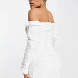 Asyou Long Sleeve Bardot Lace Up Broderie Mini Dress In White – dresses by AsYou, available to rent from Hirestreet