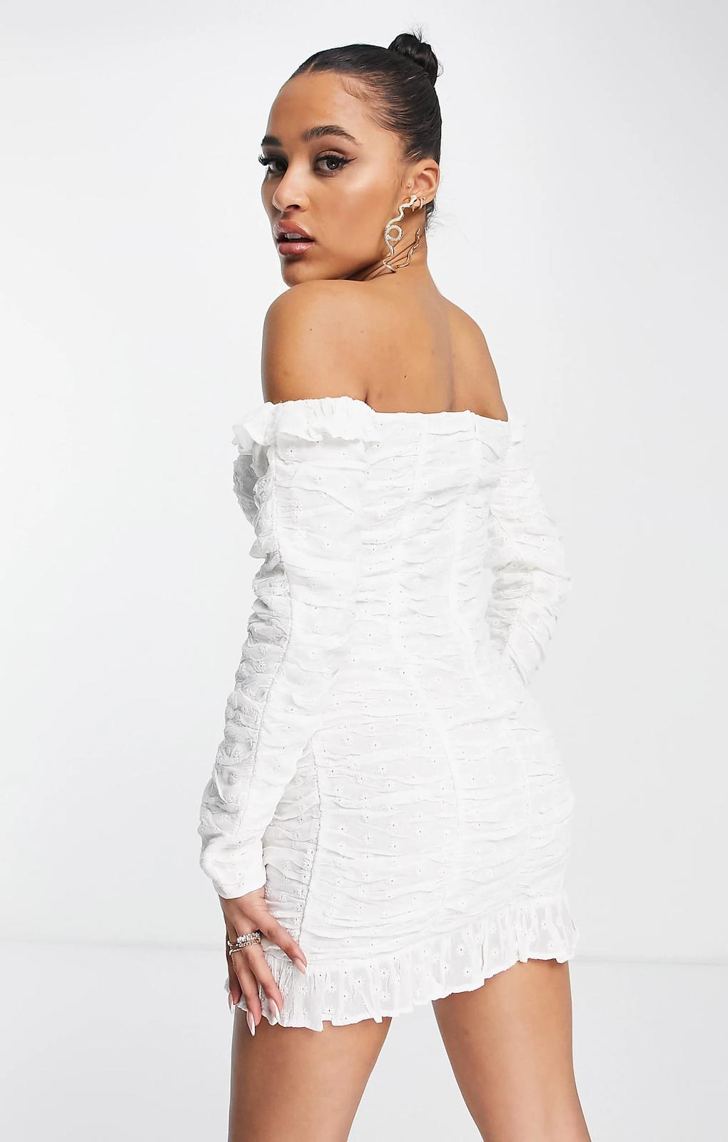 Asyou Long Sleeve Bardot Lace Up Broderie Mini Dress In White – dresses by AsYou, available to rent from Hirestreet