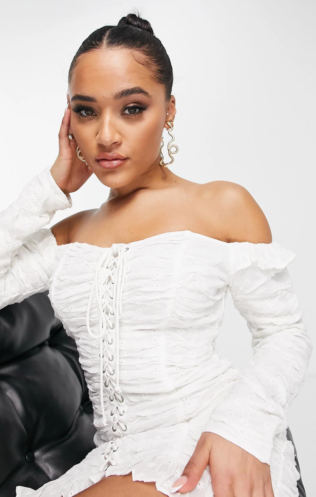 Asyou Long Sleeve Bardot Lace Up Broderie Mini Dress In White – dresses by AsYou, available to rent from Hirestreet