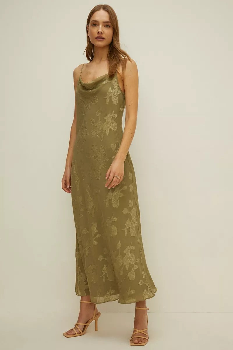 Oasis Light Khaki Floral Satin Burnout Cowl Slip Dress