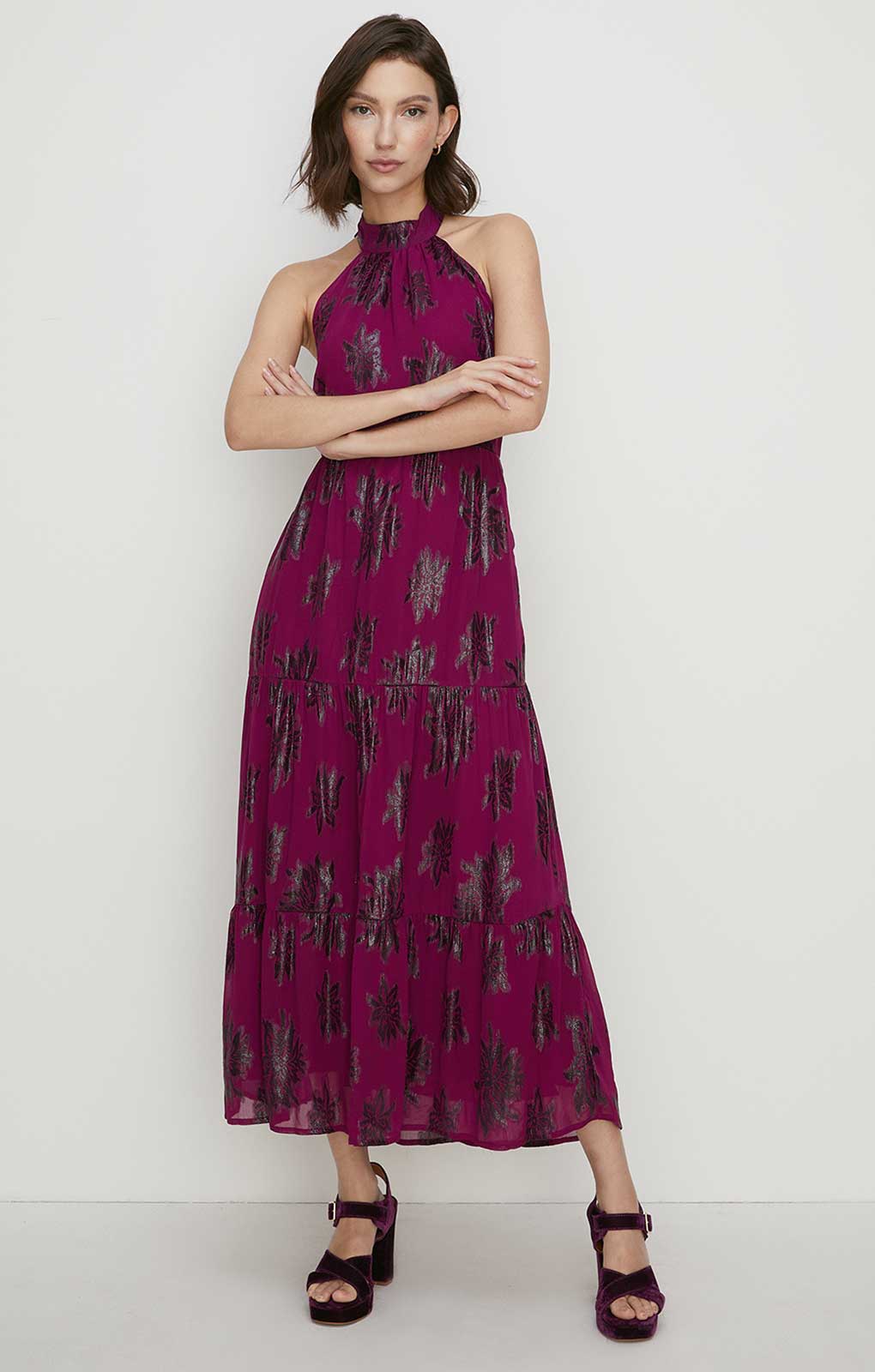 Rent Oasis Berry Tiered Halter Neck Metallic Dress | Hirestreet Rent Oasis Berry Tiered Halter Neck Metallic Dress | Hirestreet
