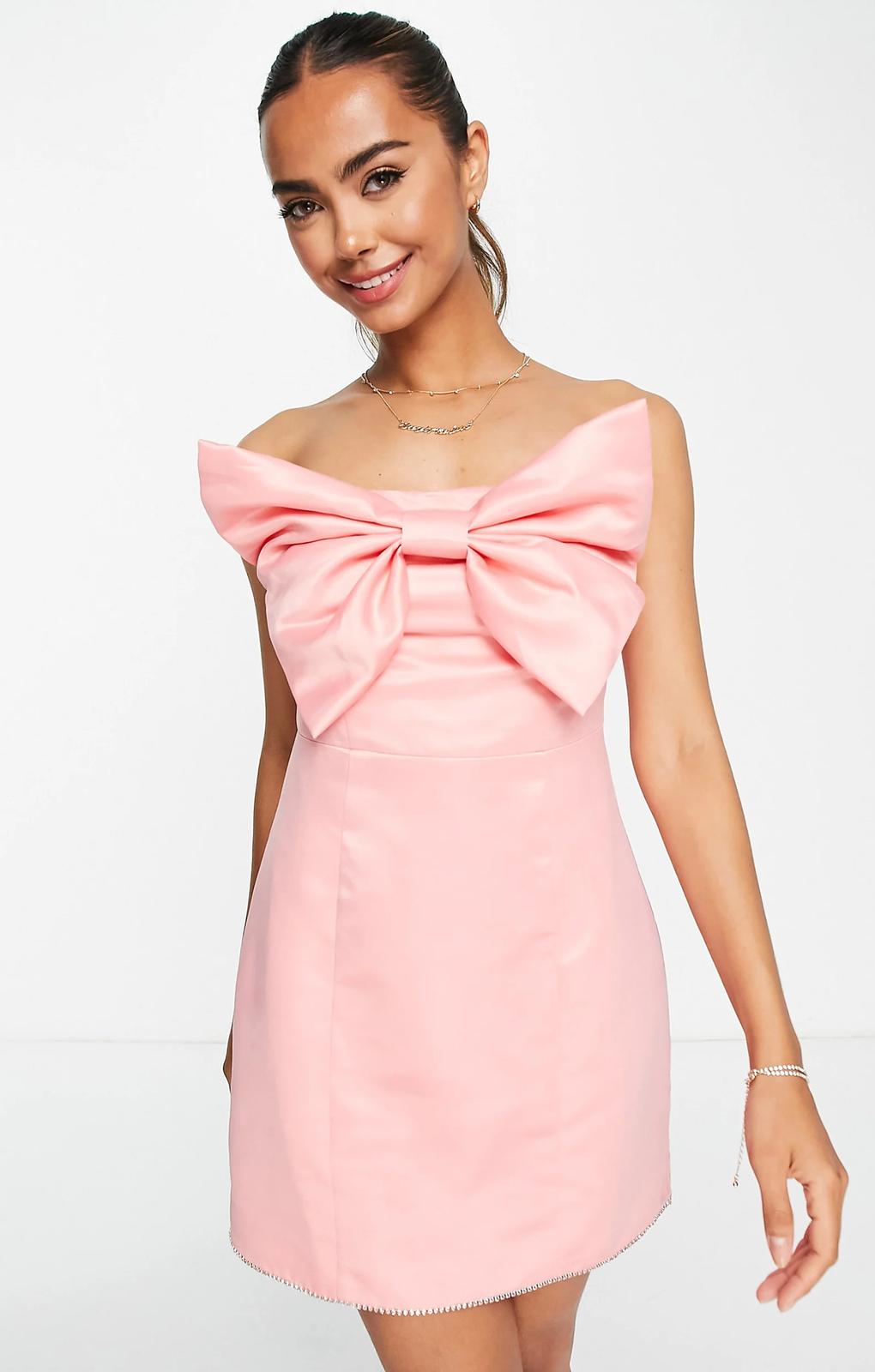 Band Of Stars Premium Satin Bow Front Mini Dress With Embellished Trim In Pink – dresses by Band of Stars, available to rent from Hirestreet