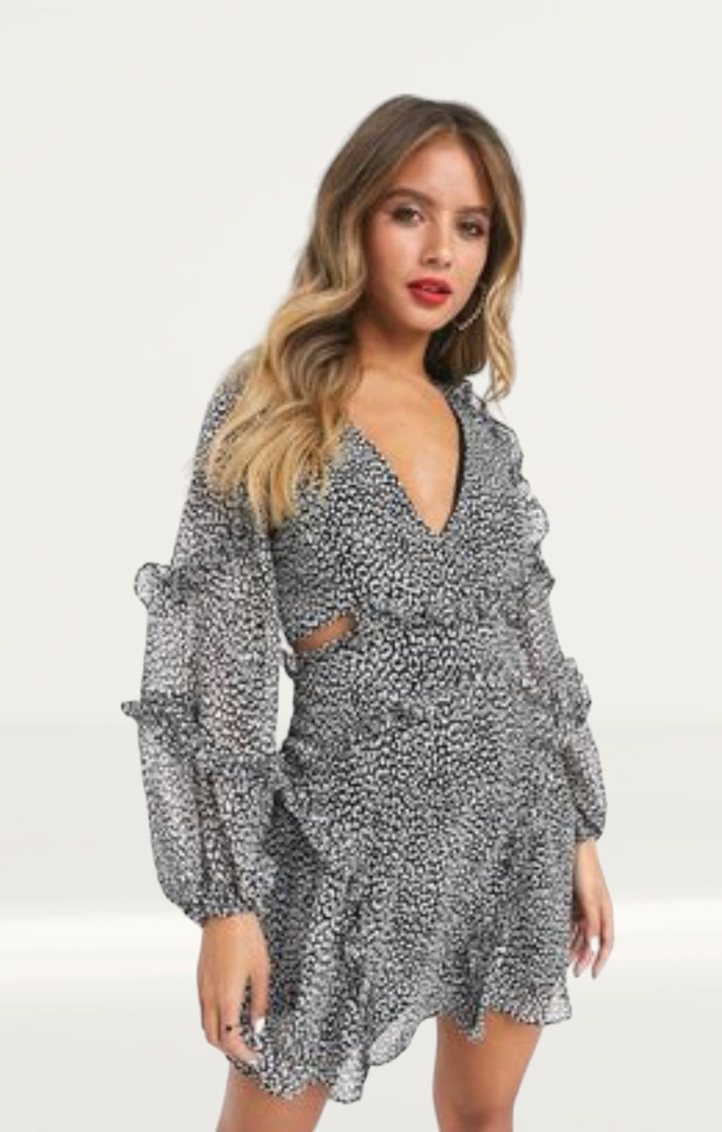 Bardot Monochrome Leopard Frill Mini
