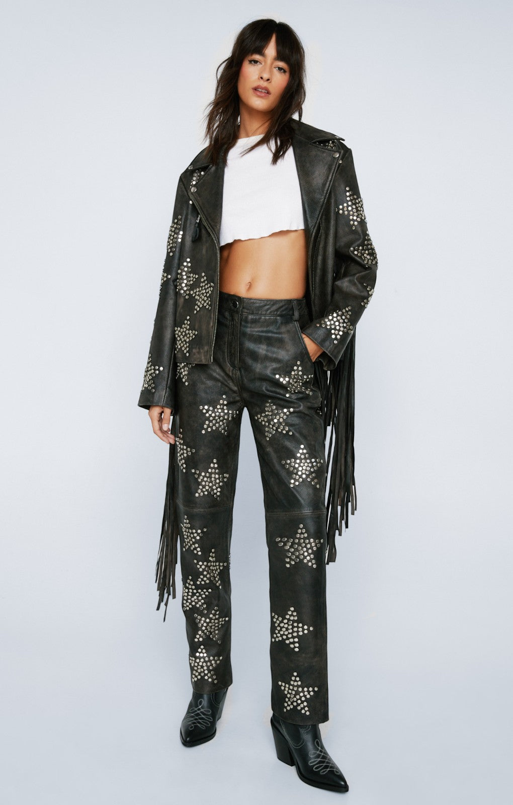 Nasty Gal Real Leather Star Studded Straight Leg Trousers