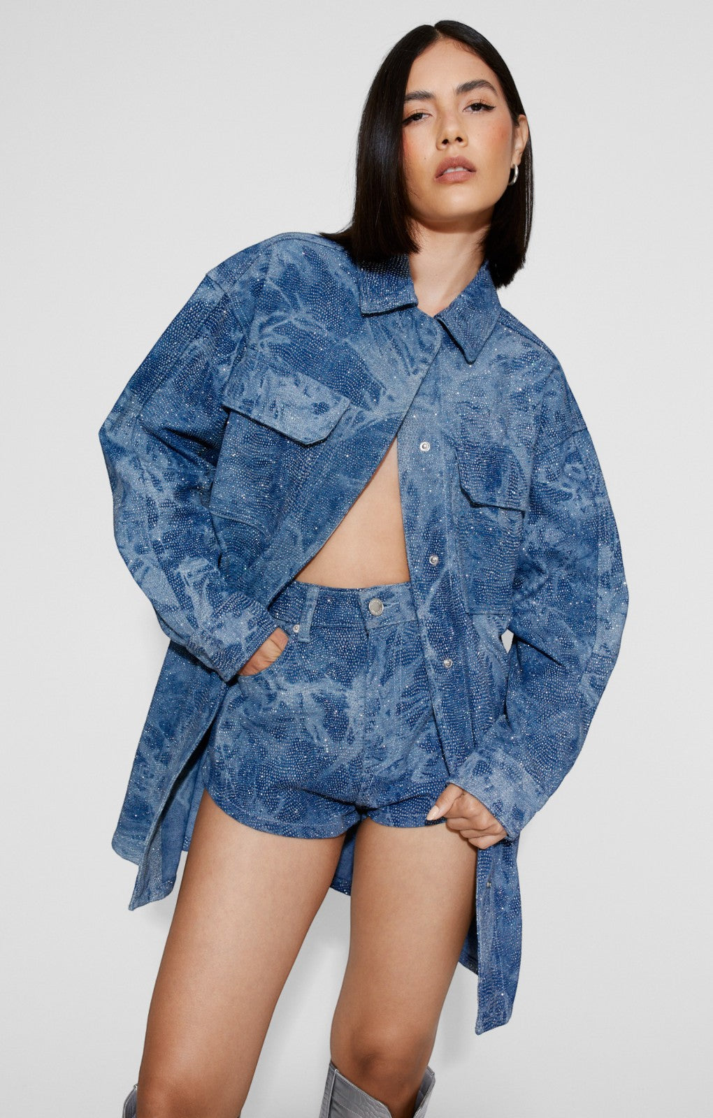 Nasty Gal Shimmer Denim Oversized Shirt