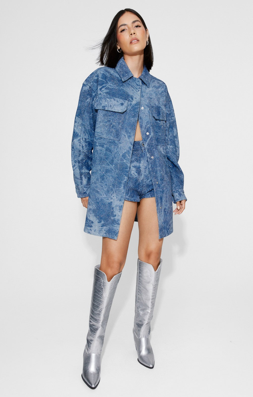 Nasty Gal Shimmer Denim Oversized Shirt