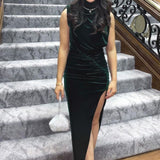 Bianca & Bridgett Emerald Lauren Maxi Thigh Split Velvet Dress product image