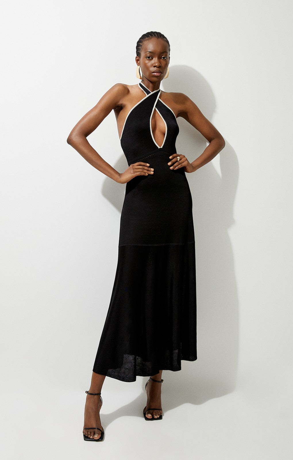 Karen Millen Slinky Knit Contrast Piping Halter Neck Maxi Dress