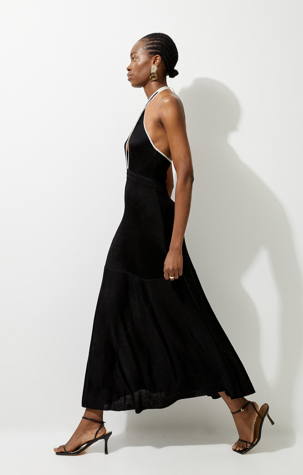 Karen Millen Slinky Knit Contrast Piping Halter Neck Maxi Dress