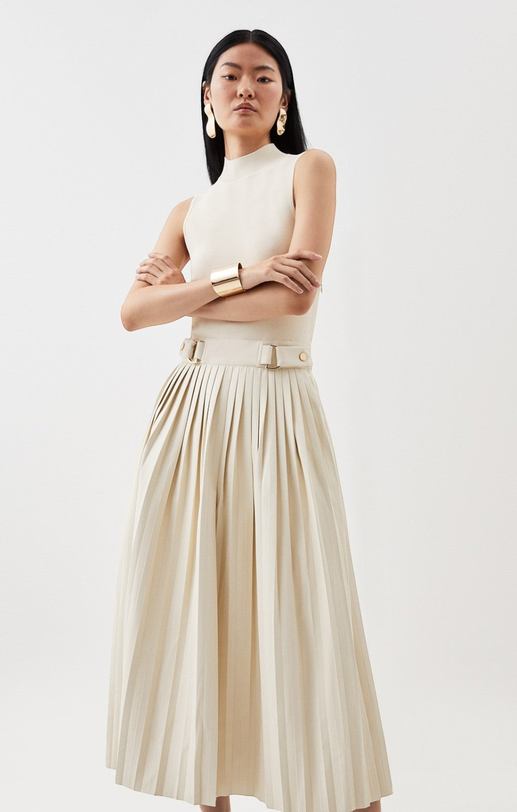 Karen Millen Cream Knitted Midi Dress With Pu Detailing