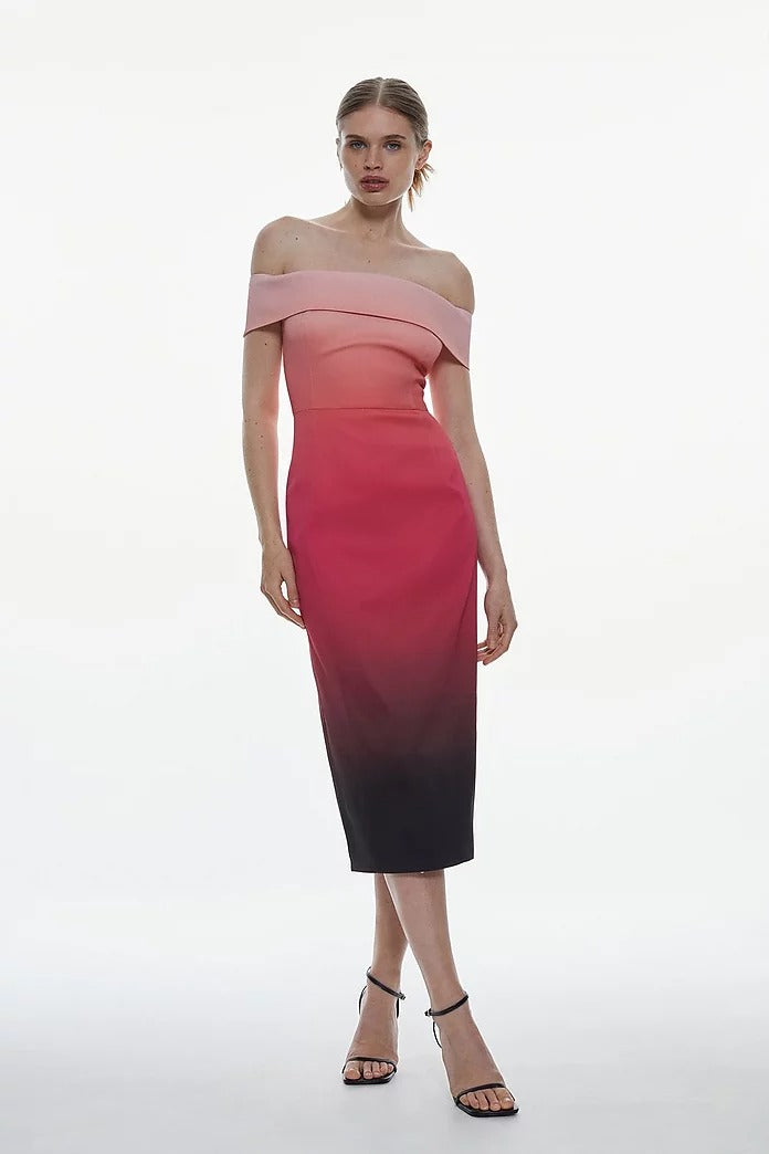 Karen Millen Italian Signature Stretch Ombre Bardot Midi Dress – dresses by Karen Millen, available to rent from Hirestreet