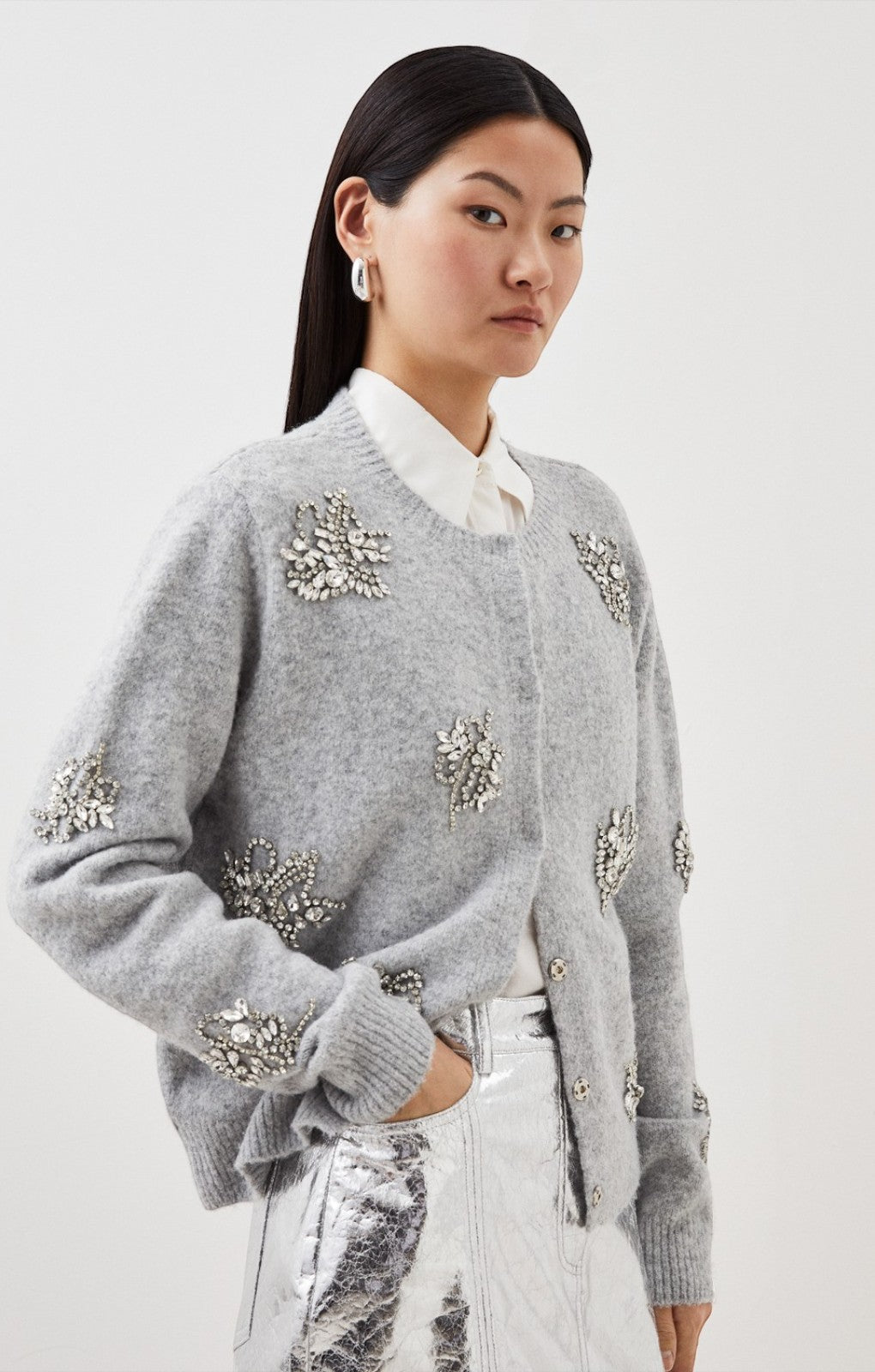 Karen Millen Wool Blend Embellished Cosy Knit Cardigan in Grey