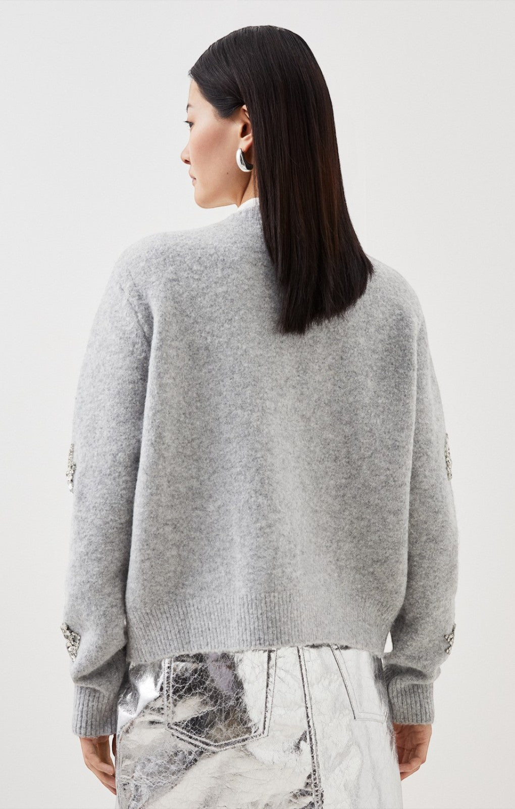 Karen Millen Wool Blend Embellished Cosy Knit Cardigan in Grey