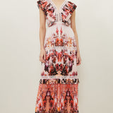 Karen Millen Mirrored Floral Print Pleated Woven Sleeveless Maxi Dress