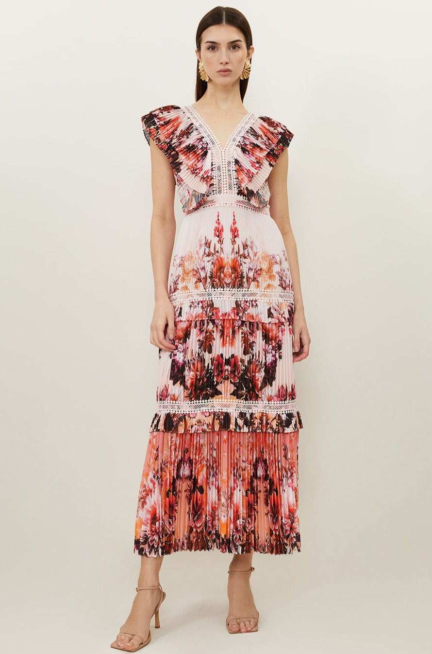 karen millen maxi dress Karen Millen Mirrored Floral Print Pleated Woven Sleeveless Maxi Dress