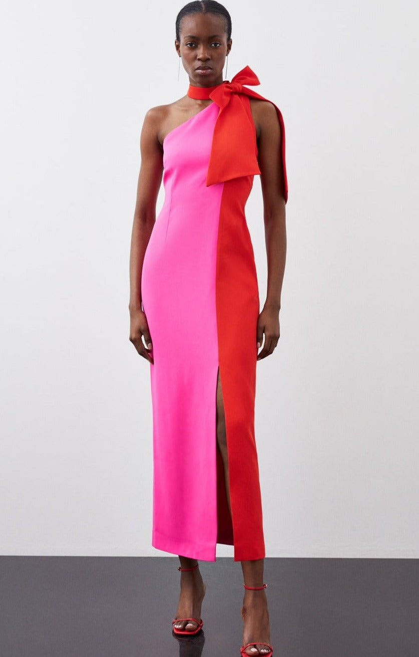 Karen Millen Soft Tailored Colour Block Tie Neck Midi Dress