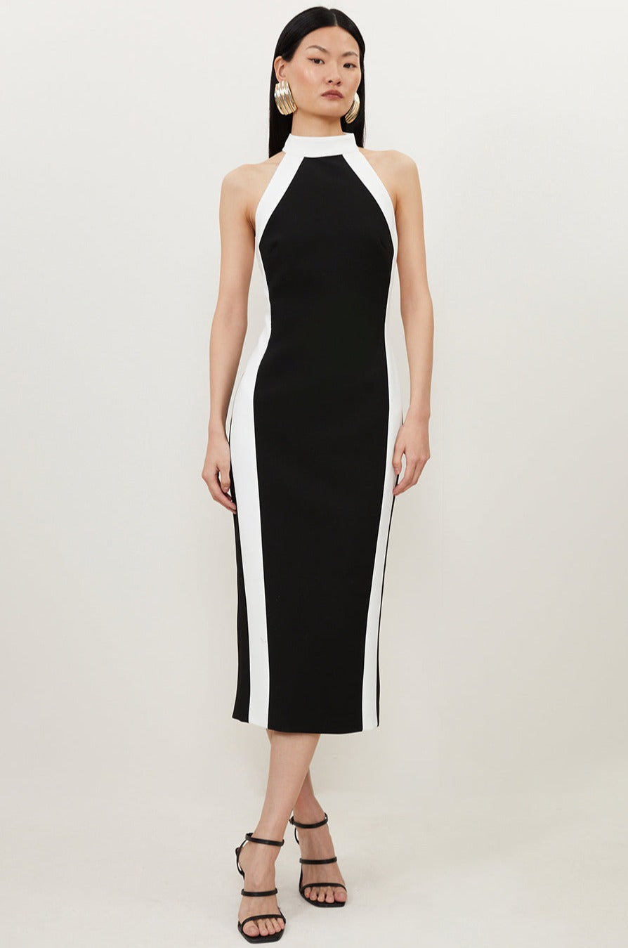 Karen Millen Compact Stretch Contrast Halter Neck Tailored Midi Dress