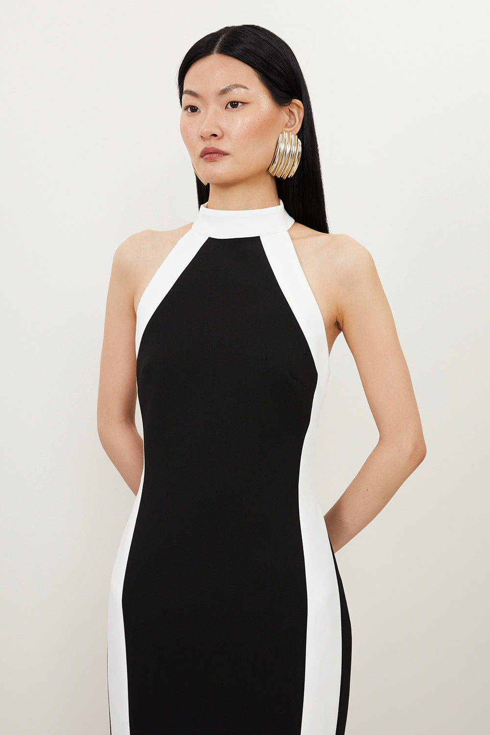 Karen Millen Compact Stretch Contrast Halter Neck Tailored Midi Dress