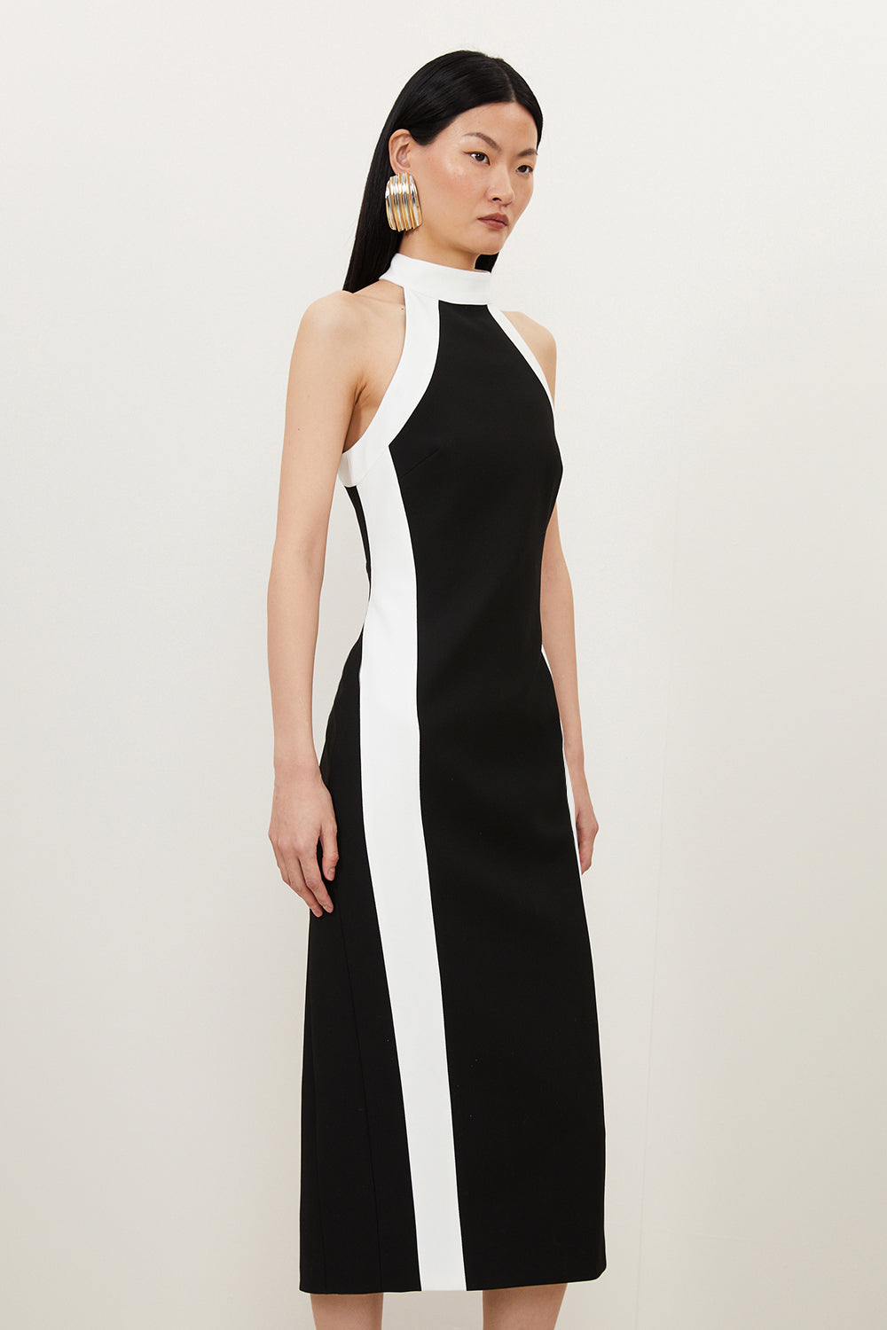 Karen Millen Compact Stretch Contrast Halter Neck Tailored Midi Dress