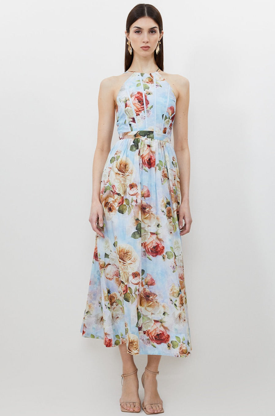 Karen Millen Silk Cotton Rose Print Halter Woven Maxi Dress