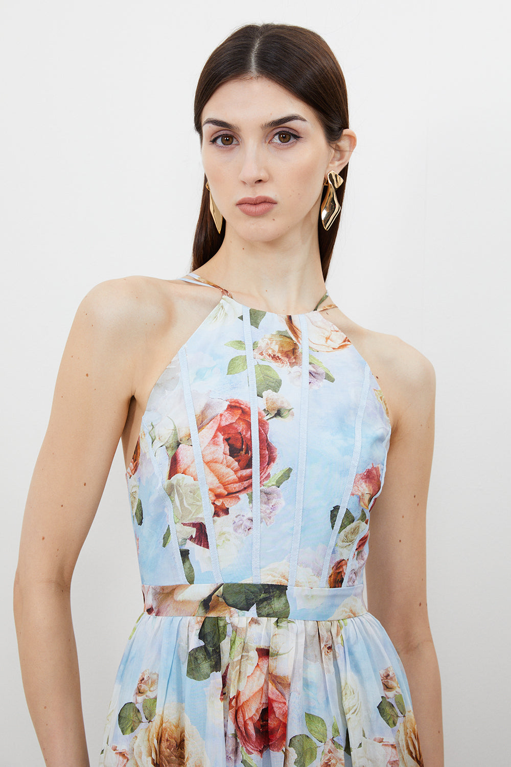 Karen Millen Silk Cotton Rose Print Halter Woven Maxi Dress