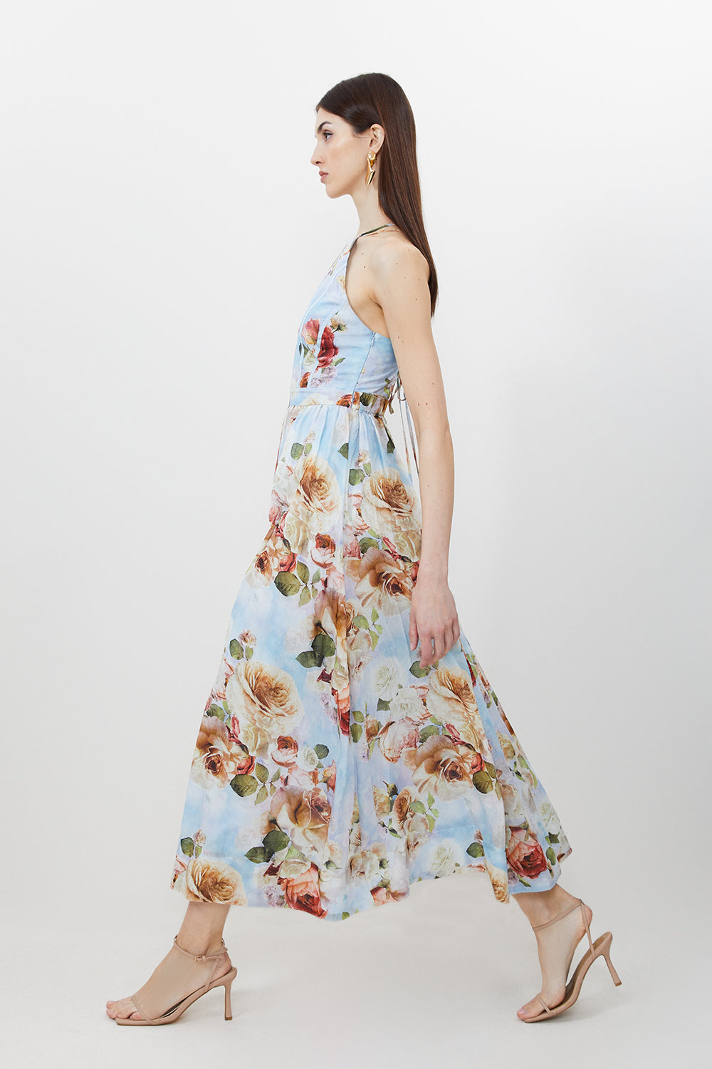 Karen Millen Silk Cotton Rose Print Halter Woven Maxi Dress