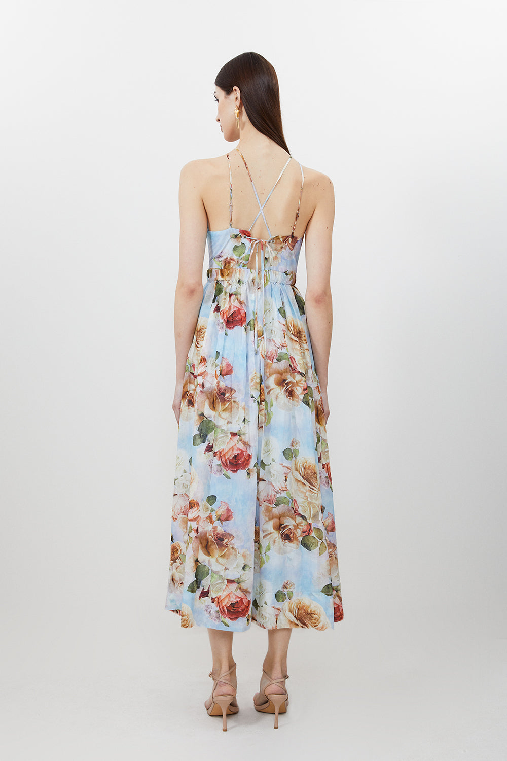 Karen Millen Silk Cotton Rose Print Halter Woven Maxi Dress