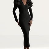 Karen Millen Figure Form Bandage Knit Silk Ruffle Shoulder Detail Midaxi Dress
