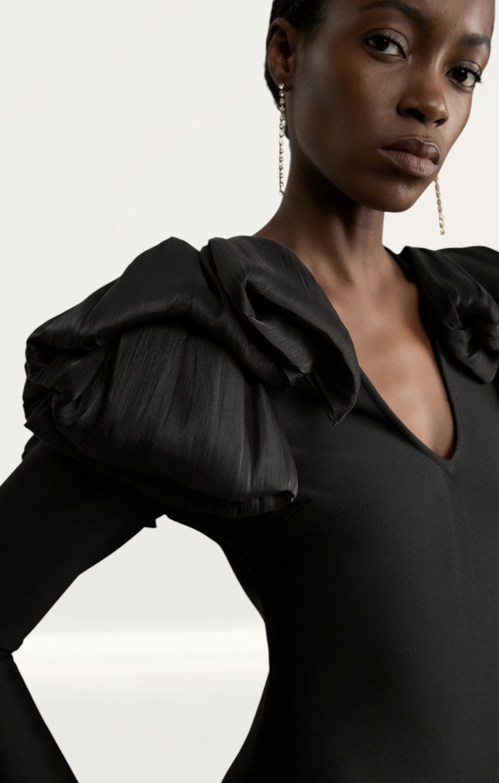 Karen Millen Figure Form Bandage Knit Silk Ruffle Shoulder Detail Midaxi Dress