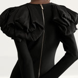 Karen Millen Figure Form Bandage Knit Silk Ruffle Shoulder Detail Midaxi Dress