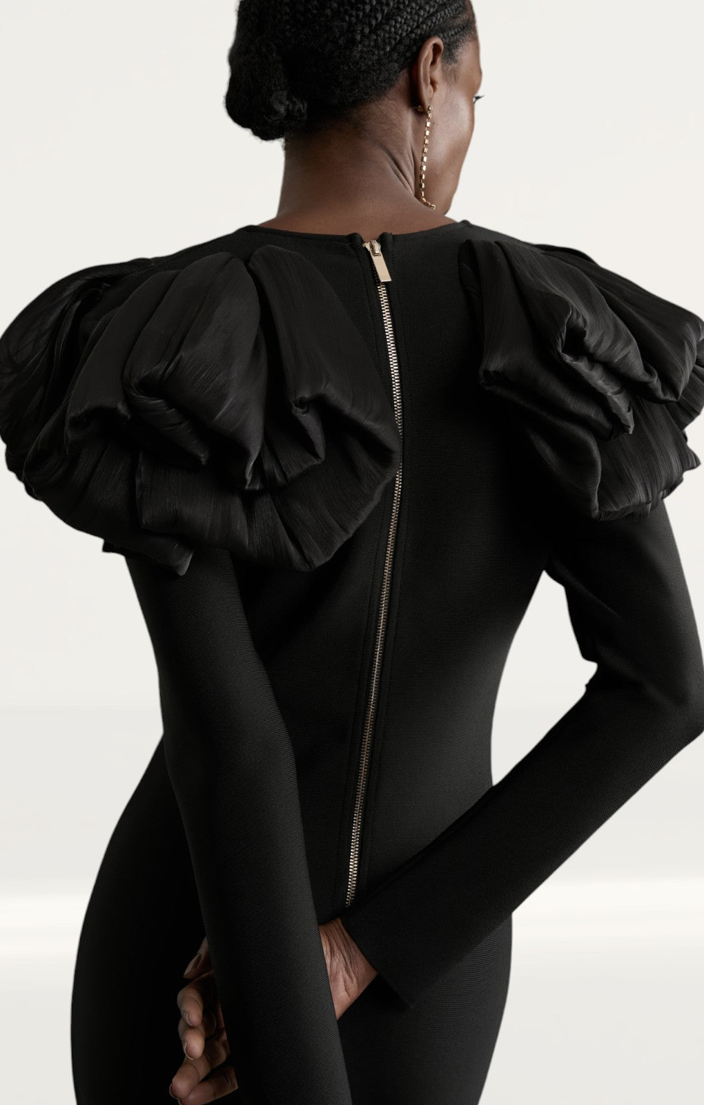 Karen Millen Figure Form Bandage Knit Silk Ruffle Shoulder Detail Midaxi Dress