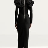 Karen Millen Figure Form Bandage Knit Silk Ruffle Shoulder Detail Midaxi Dress