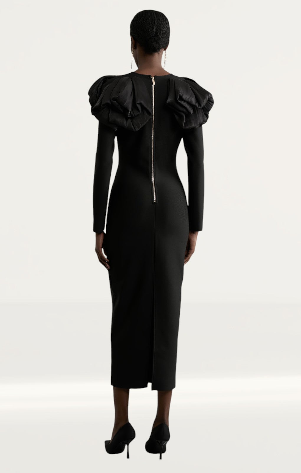 Karen Millen Figure Form Bandage Knit Silk Ruffle Shoulder Detail Midaxi Dress