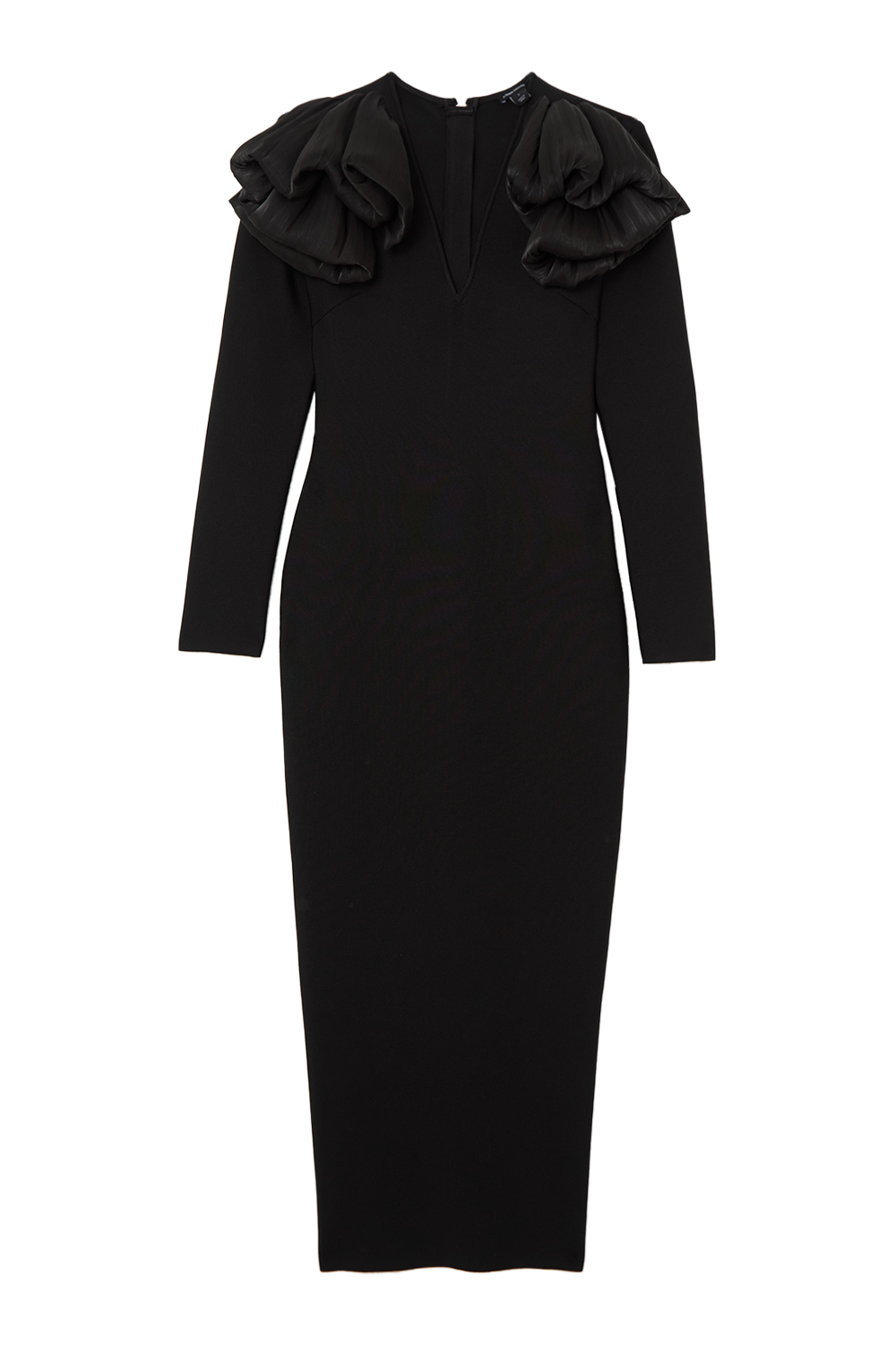 Karen Millen Figure Form Bandage Knit Silk Ruffle Shoulder Detail Midaxi Dress