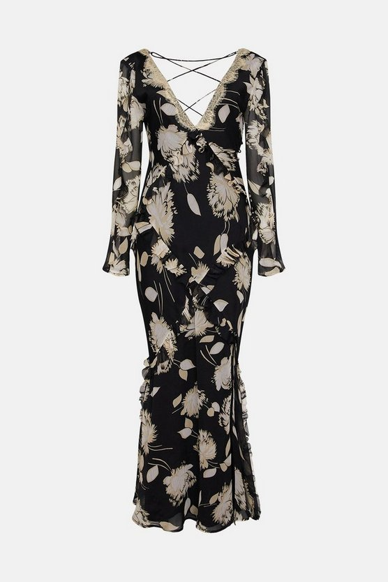 Warehouse Black Chiffon Lace Maxi Dress