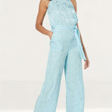 Closet London Blue Jacquard Floral Tie Neck Jumpsuit