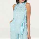 Closet London Blue Jacquard Floral Tie Neck Jumpsuit