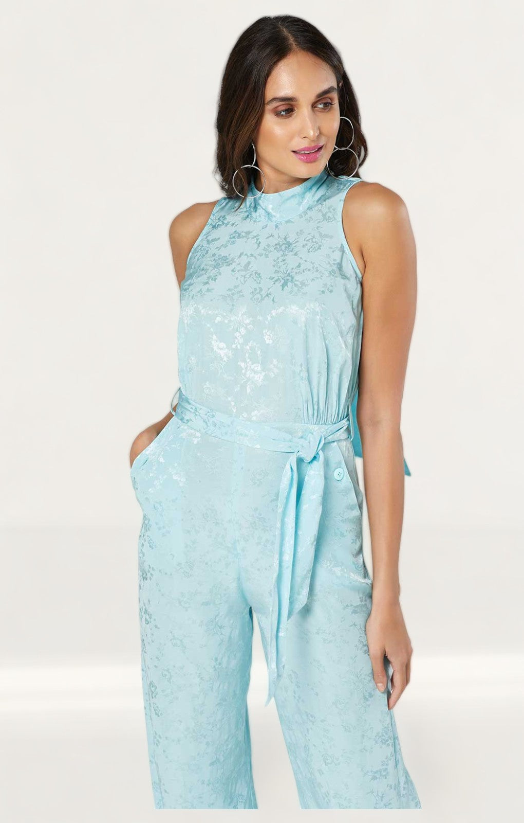 Closet London Blue Jacquard Floral Tie Neck Jumpsuit