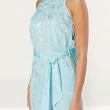 Closet London Blue Jacquard Floral Tie Neck Jumpsuit