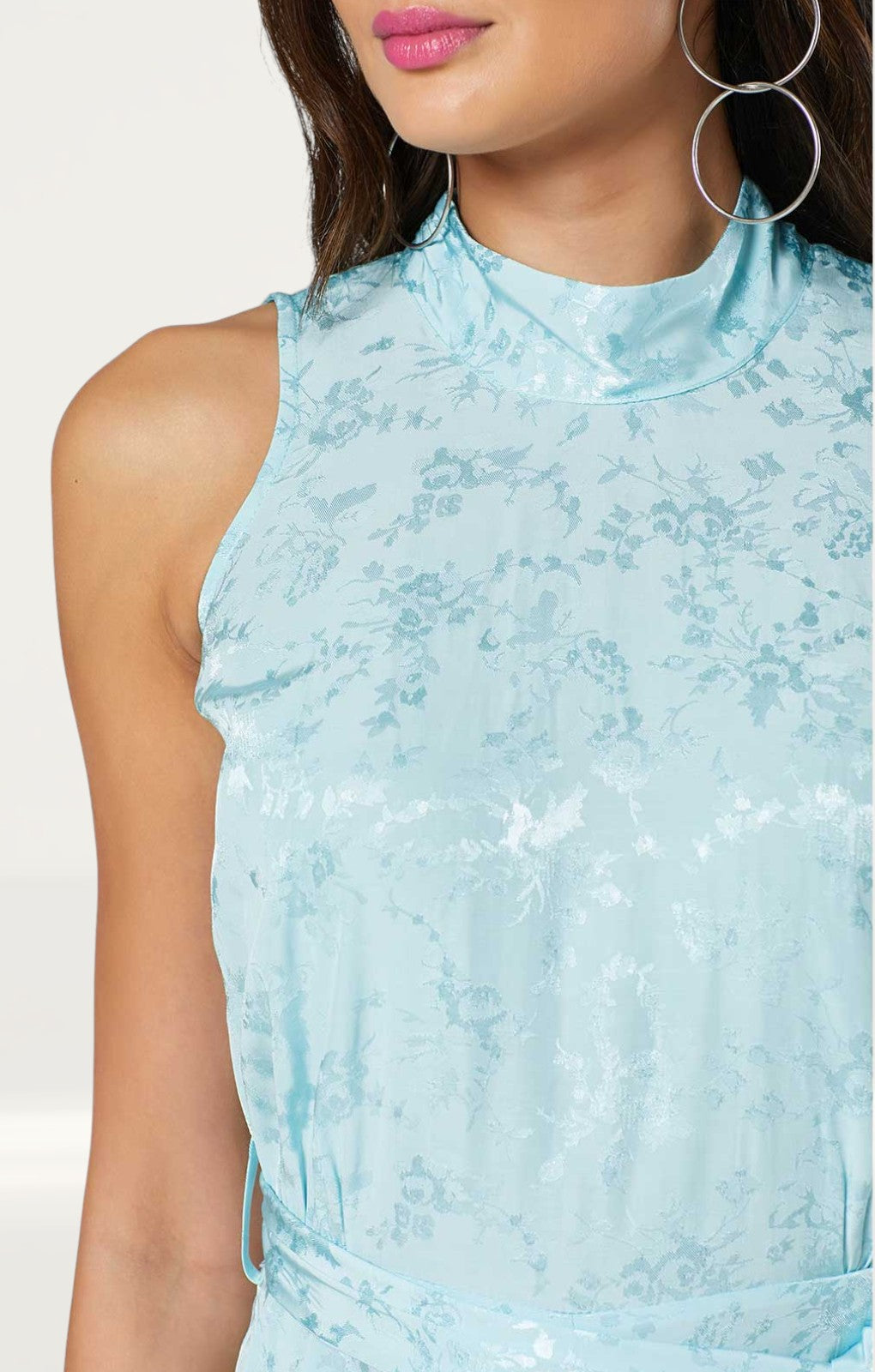Closet London Blue Jacquard Floral Tie Neck Jumpsuit