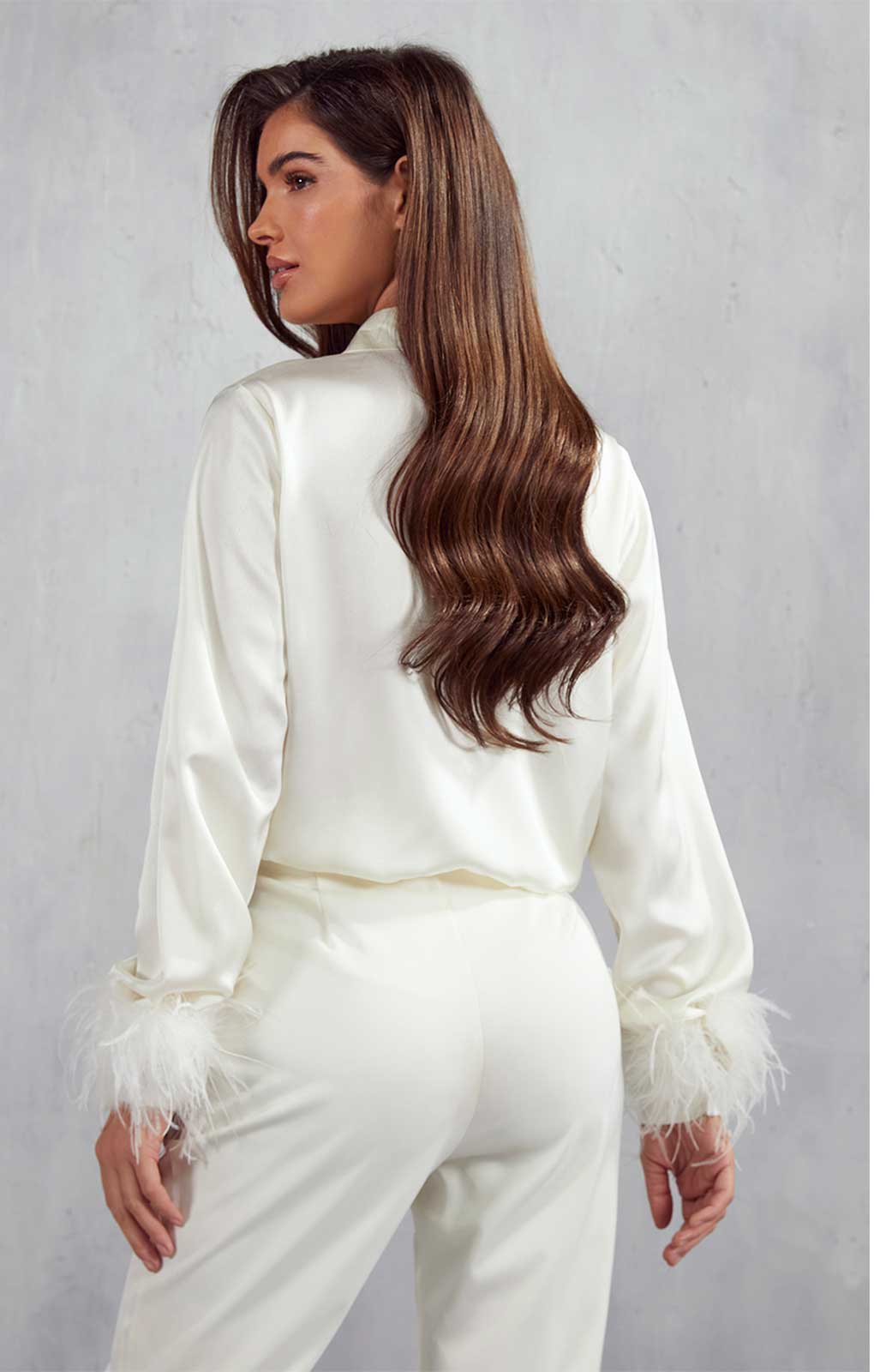 Misspap Ivory Milan Premium Satin Feather Trim Shirt product image